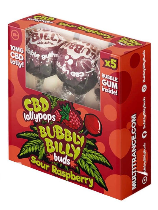 Bubbly Billy Buds 10 mg CBD Saure Himbeer-Lollis mit Kaugummi darin – Geschenkbox (5 Lollis)